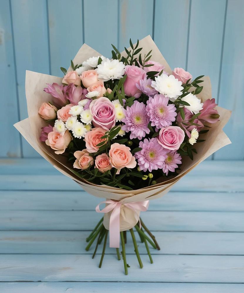 Букет цветов из: Хризантемы, Розы и Альстромерии в Пахомово