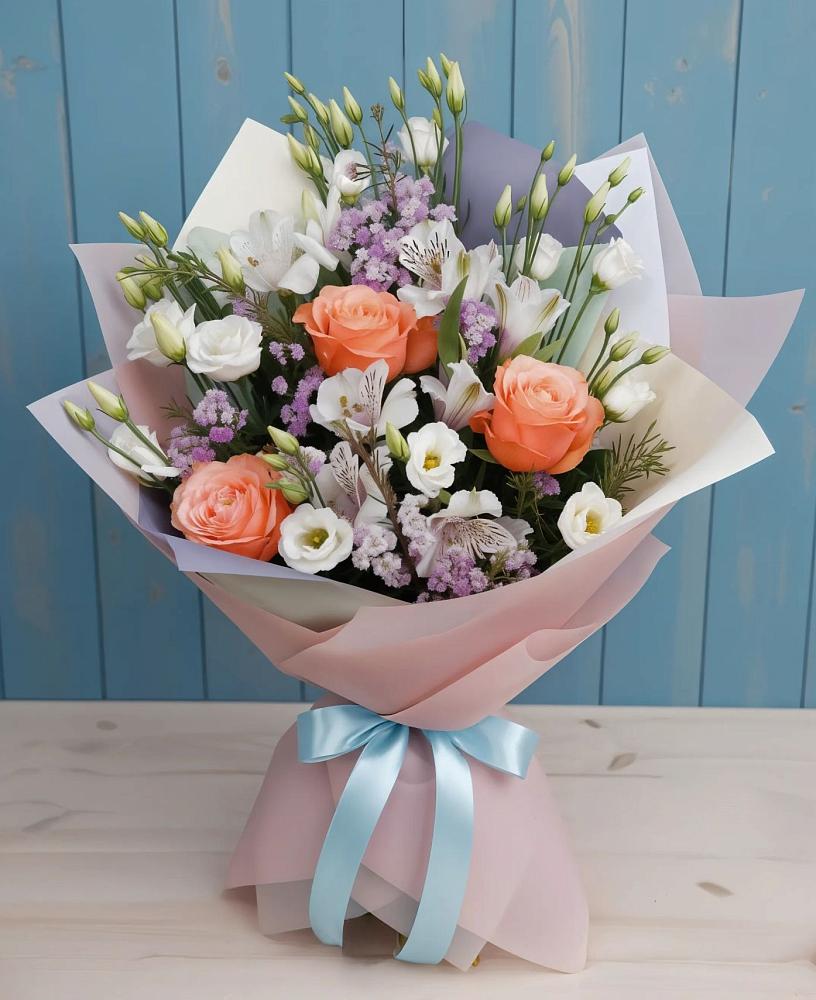 Букет цветов из: Лизиантусы, Розы, Альстромерии и Гипсофила в Пахомово