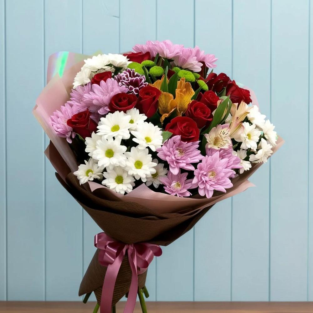 Букет цветов из: Розы, Хризантемы и Альстромерии в Пахомово