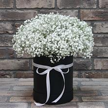 Цветочная композиция из Гипсофила в шляпной коробке в Пахомово